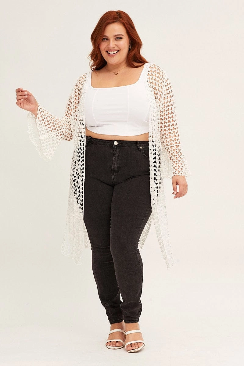 White Ruffle Sleeve Open Front Crochet Cardigan Vegan Safe