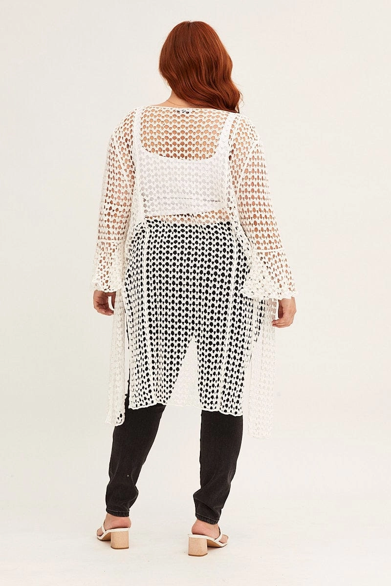 Heavyweight Durability Moisture Wicking Finish White Ruffle Sleeve Open Front Crochet Cardigan