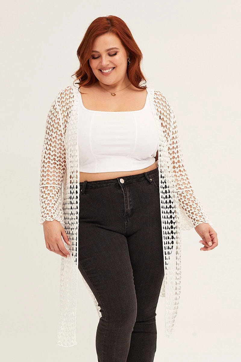 Anytime Outer Fit White Ruffle Sleeve Open Front Crochet Cardigan