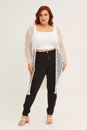 OdorControl Treatment White Ruffle Sleeve Open Front Crochet Cardigan