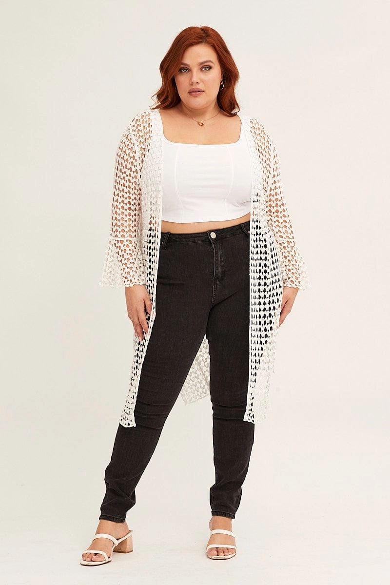 OdorControl Treatment White Ruffle Sleeve Open Front Crochet Cardigan
