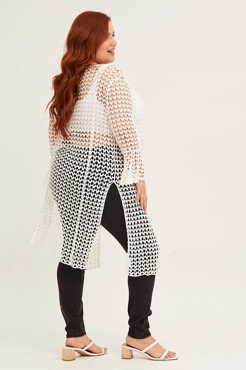 White Ruffle Sleeve Open Front Crochet Cardigan Modular Design Dynamic flex