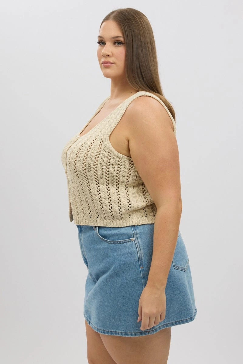 Beige Crochet Cardigan Sleeveless Lined Pockets Daily Commute Wear