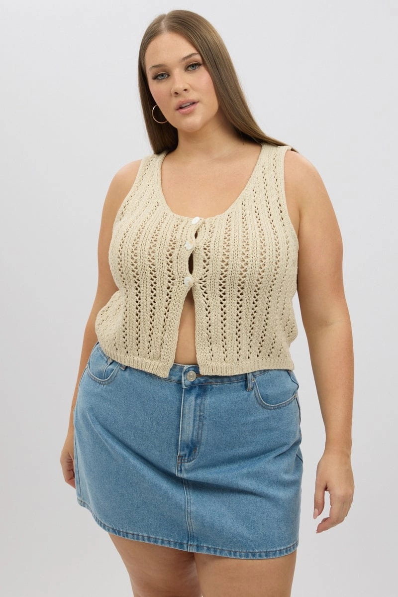 ThermalReflective Compression Panels Beige Crochet Cardigan Sleeveless