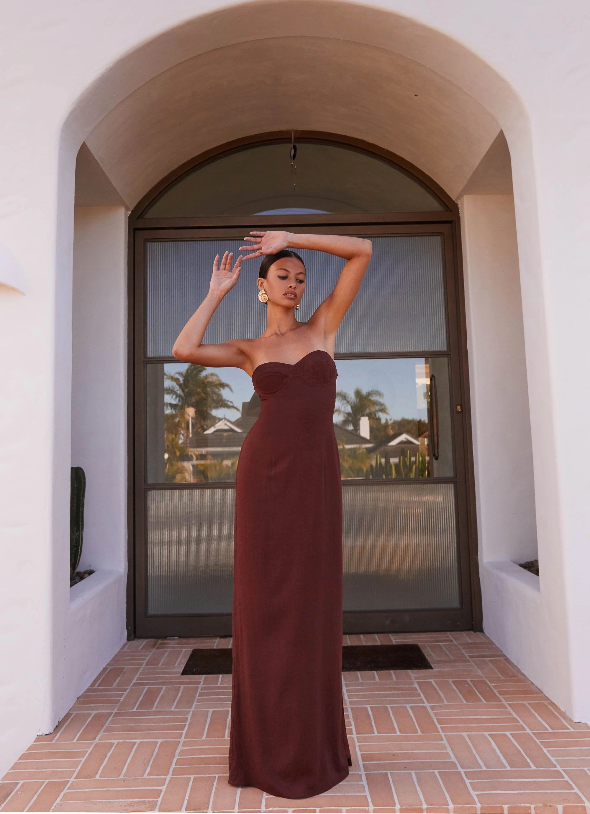 Natural Tones Silky texture Esra Strapless Maxi Dress - Chocolate