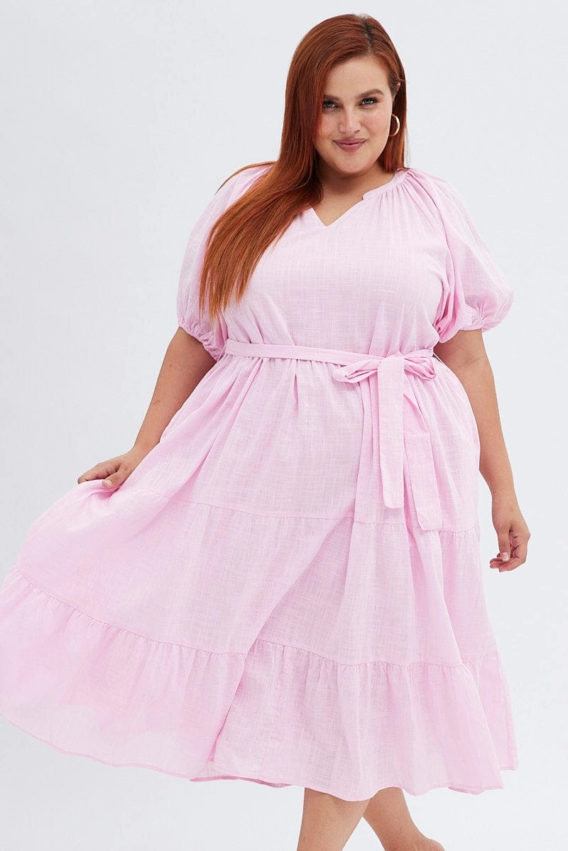 Pink Midi Dress Tiered Notch Collar Belted Stylish Design Fashion-forward day dress