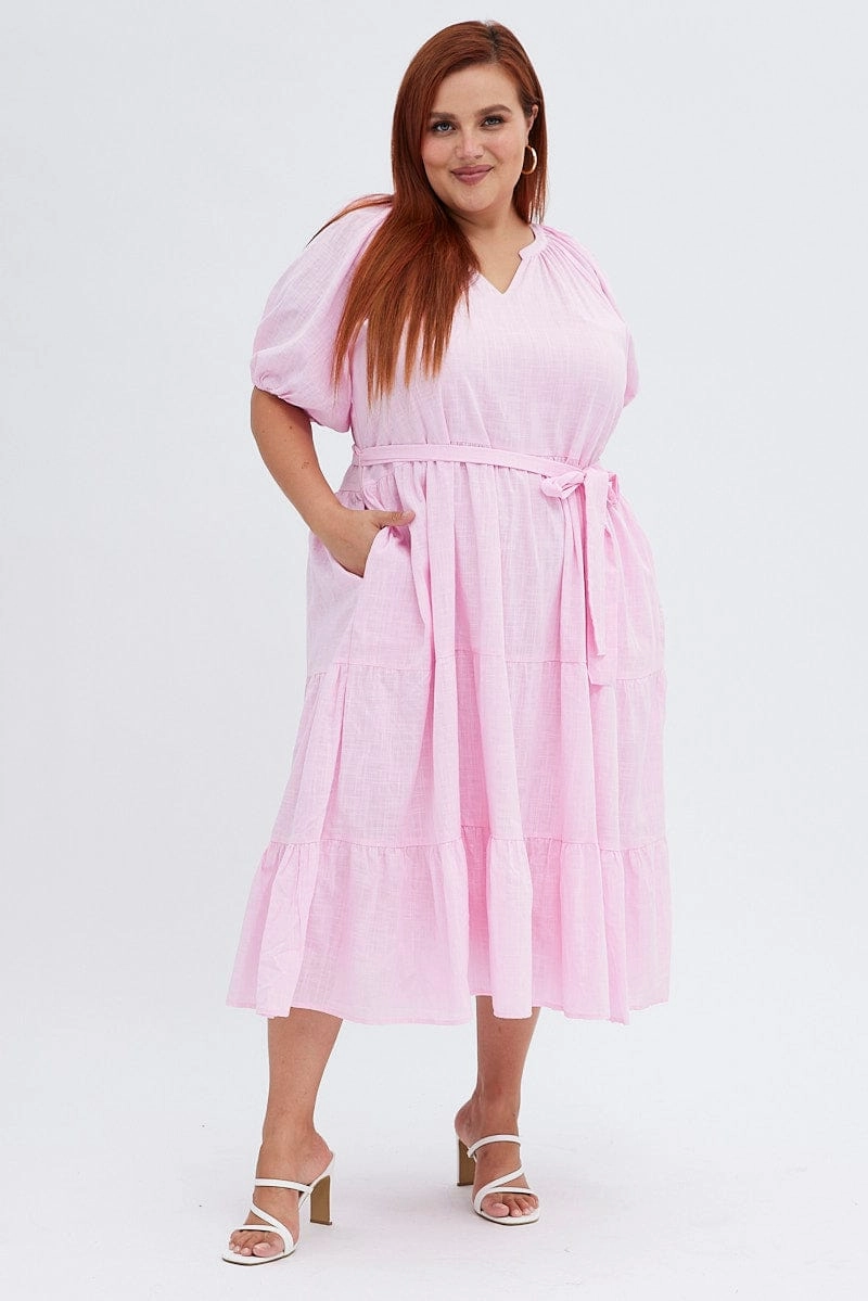 Pink Midi Dress Tiered Notch Collar Belted Smooth Lines