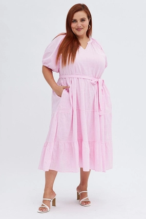 Pink Midi Dress Tiered Notch Collar Belted Smooth Lines