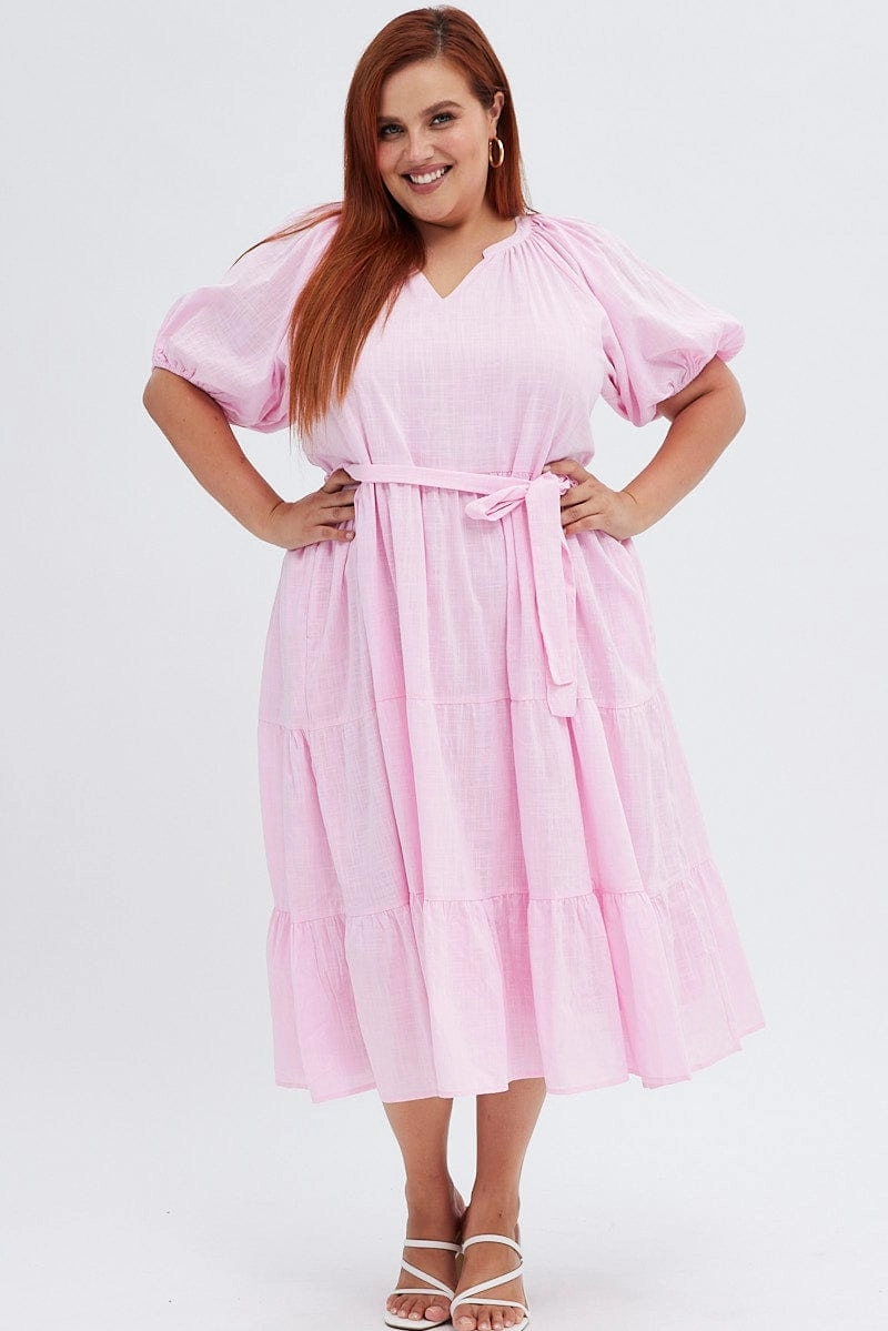 Pink Midi Dress Tiered Notch Collar Belted Flow Ready Organic-Fabric