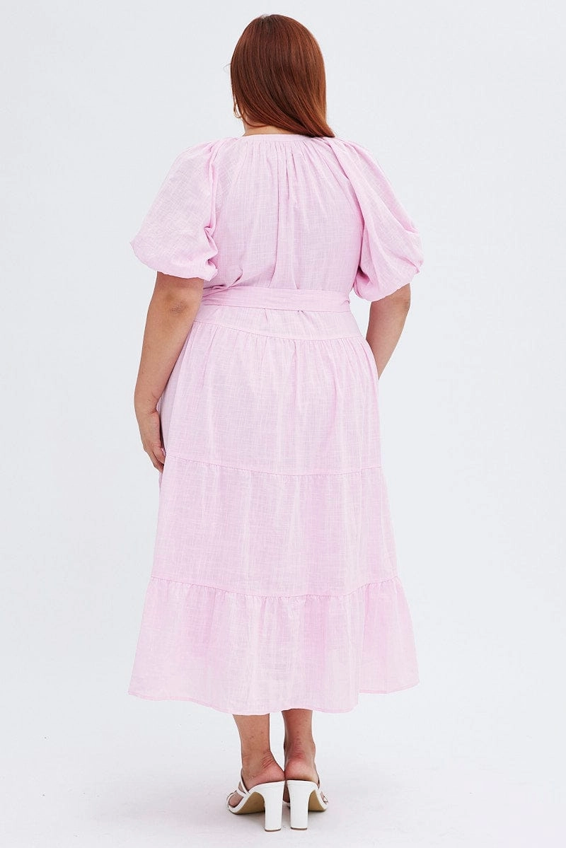 Lunch Date Pink Midi Dress Tiered Notch Collar Belted