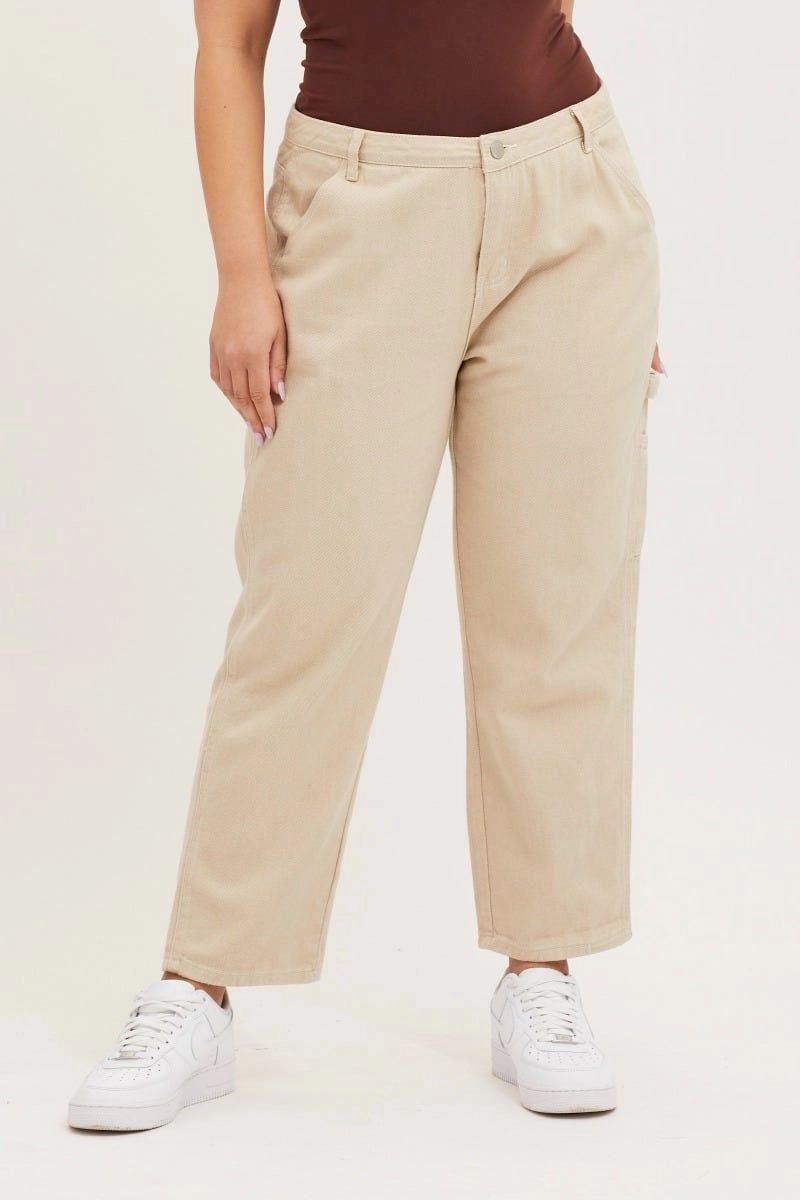 Beige High Rise Carpenter Denim Jean Sleek Look