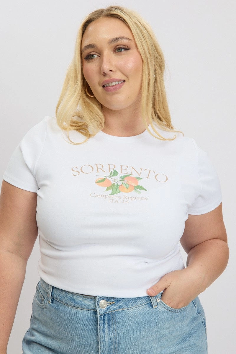 Essential Top MicroPiqueKnit White Graphic T Shirt Short sleeve Crew Neck