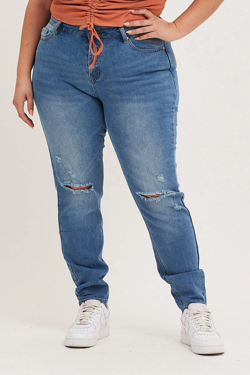 Blue High Rise Rip Denim Jeans Organic Cotton Material