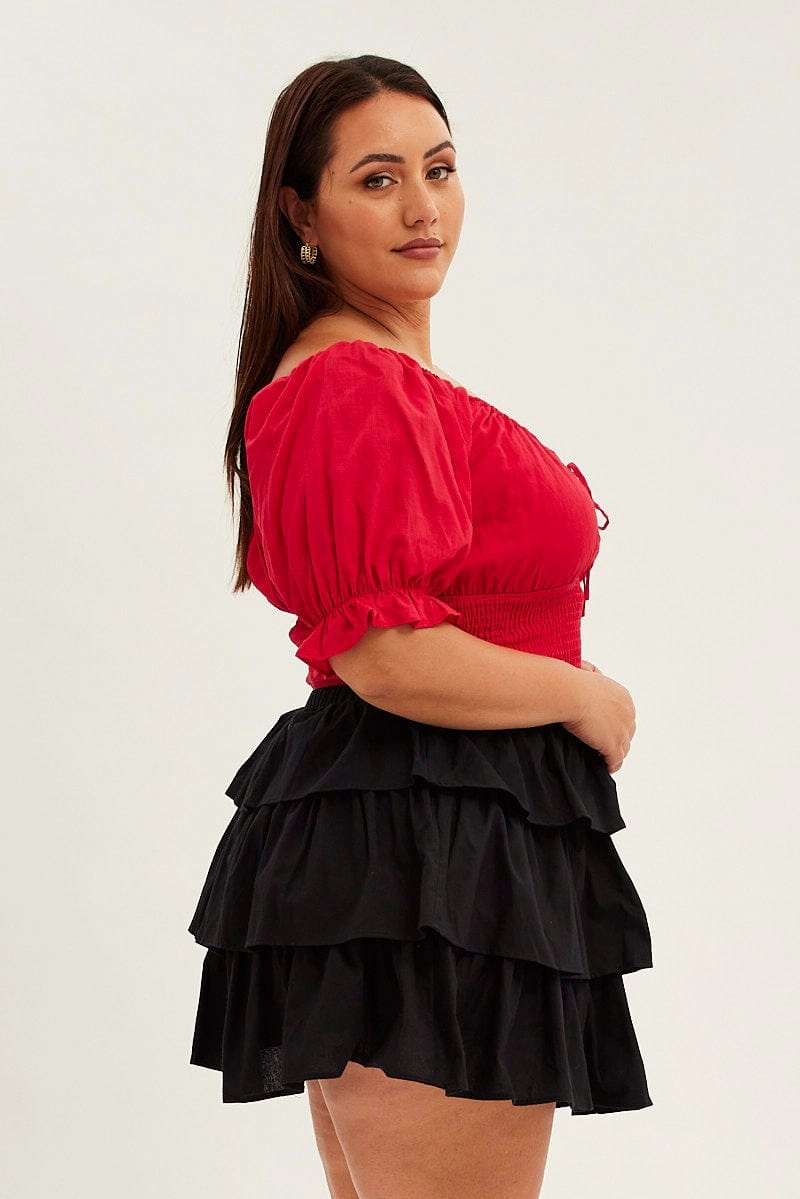 Stretchable Waist Wardrobe Classic Black Skater Skirt Ruffle Cotton Mini