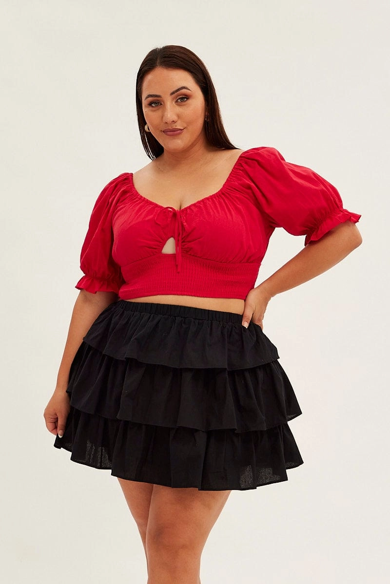 Black Skater Skirt Ruffle Cotton Mini Active Wear gentle style