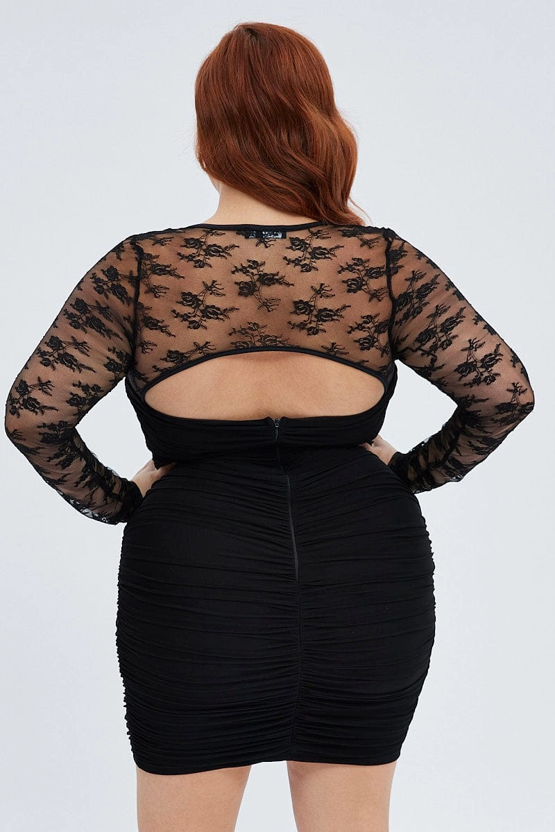 Black Bodycon Dress Long Sleeve Lace Mesh Subtle Edge Guest Shine