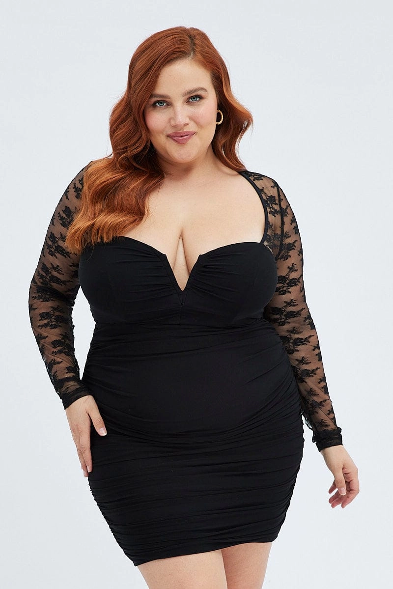 Summer Soft Glossy Detail Black Bodycon Dress Long Sleeve Lace Mesh