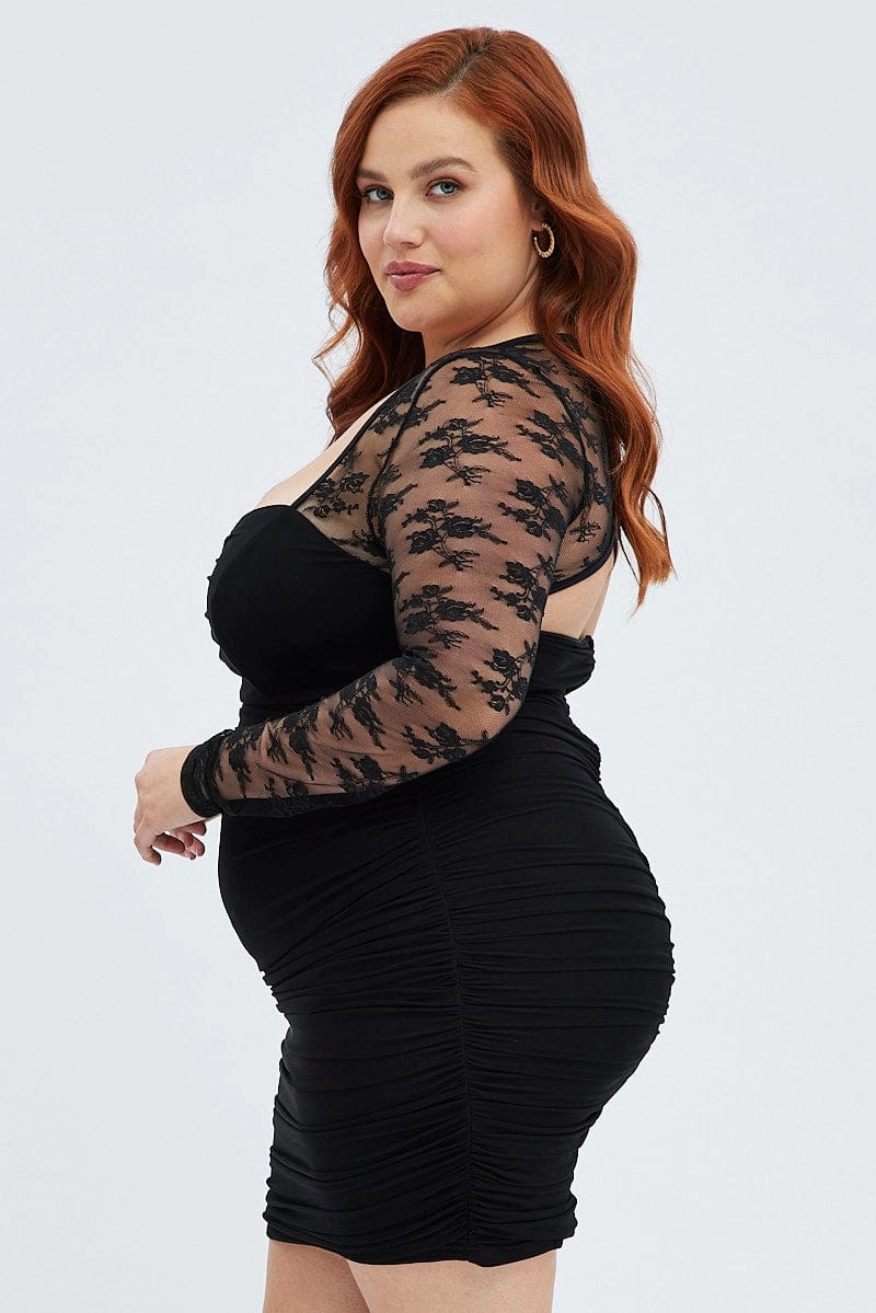 Black Bodycon Dress Long Sleeve Lace Mesh Versatile-Style Flowing Lines