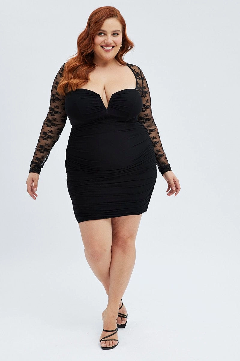 Black Bodycon Dress Long Sleeve Lace Mesh Modern Silhouette