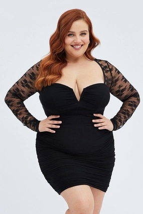 Black Bodycon Dress Long Sleeve Lace Mesh Flawless Waistband