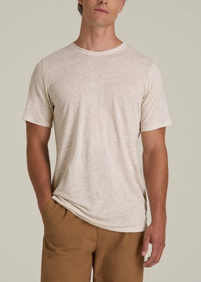 Linen Crewneck T-Shirt for Tall Men in Heathered Oatmeal Relaxed Sweatshirt