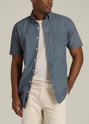 HighDensity Knit Short Sleeve Shirt for Tall Men in Grey and Blue Geometric