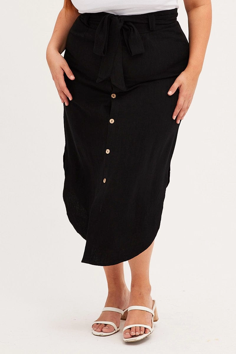 flowy silhouette Black Midi Skirt Button Front Linen Blend