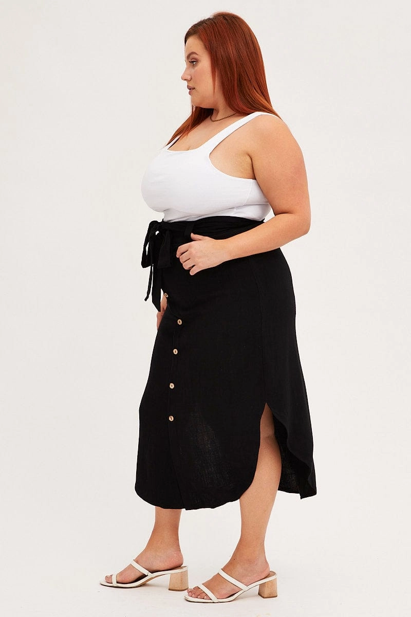 Black Midi Skirt Button Front Linen Blend Machine washable Chic Tones