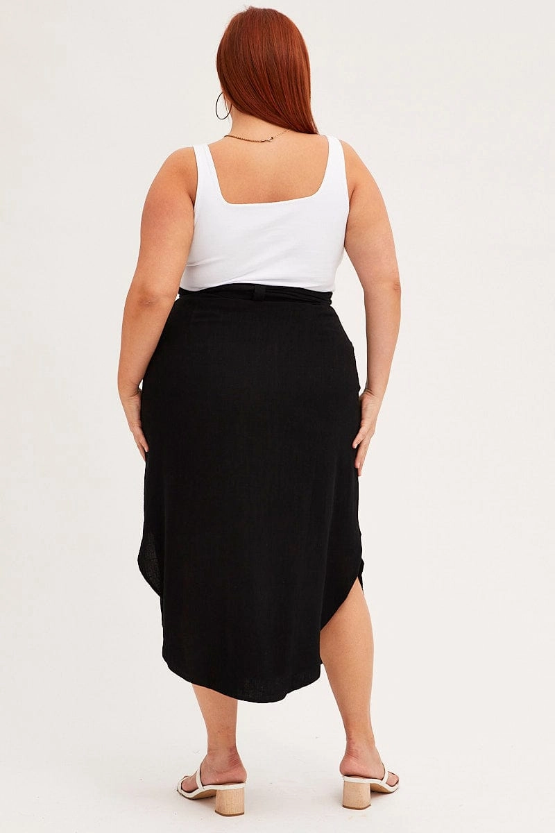 Black Midi Skirt Button Front Linen Blend Relaxed Vibes