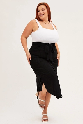 Pull On Style No Ride Up Black Midi Skirt Button Front Linen Blend