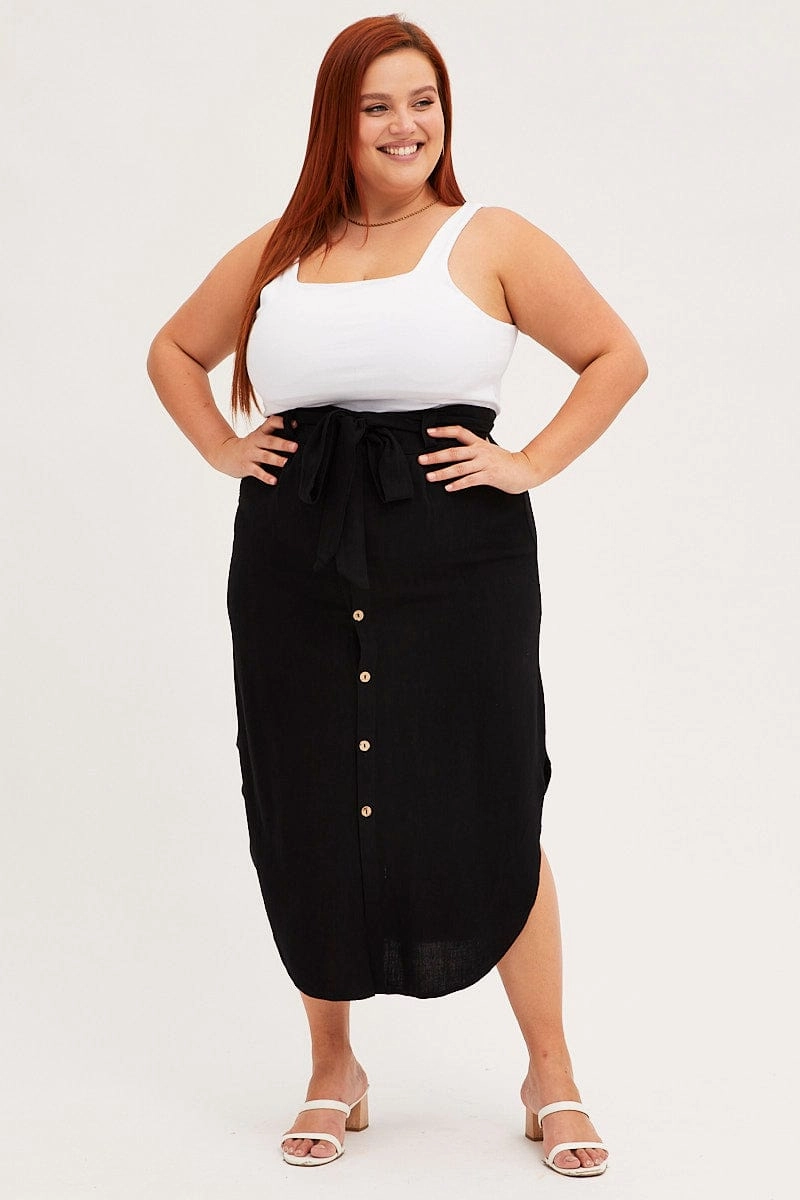 Spring Must Have Daily Essential Black Midi Skirt Button Front Linen Blend