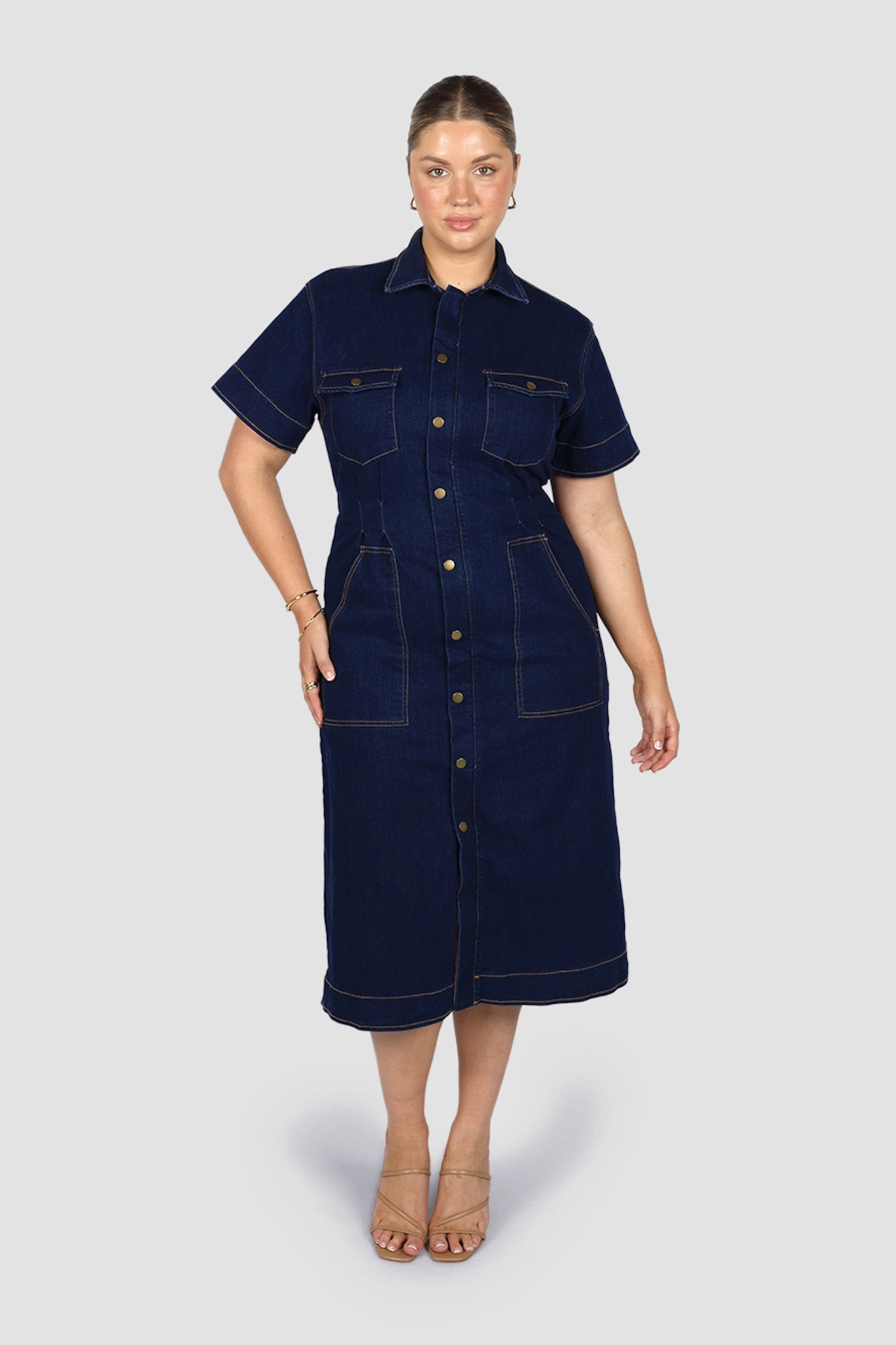 SAVEIRA DENIM MIDI DRESS MIDNIGHT summer look Sleek Waistband