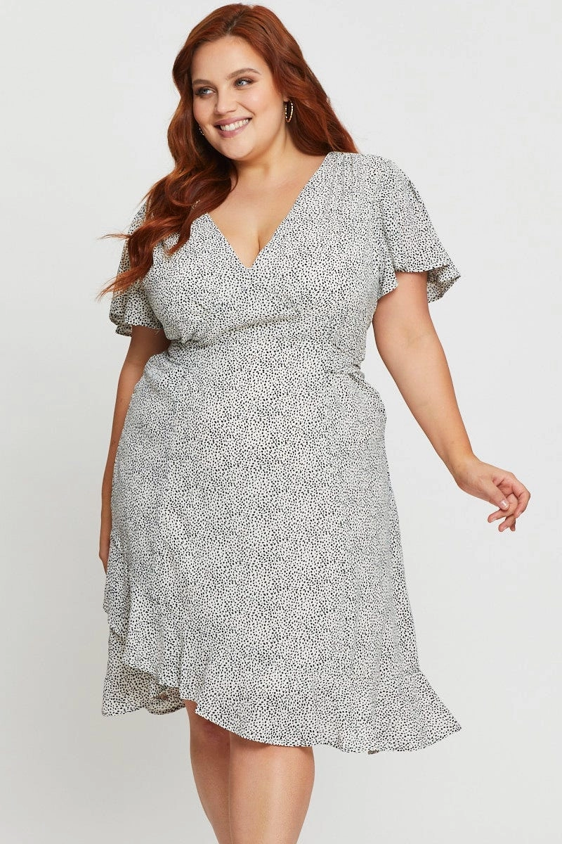Fashionable Layer Sleek Flow Geo Print Midi Dress V-neck Short Sleeve