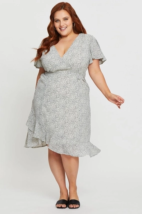 Daytime Mood Mesh-Detail Geo Print Midi Dress V-neck Short Sleeve