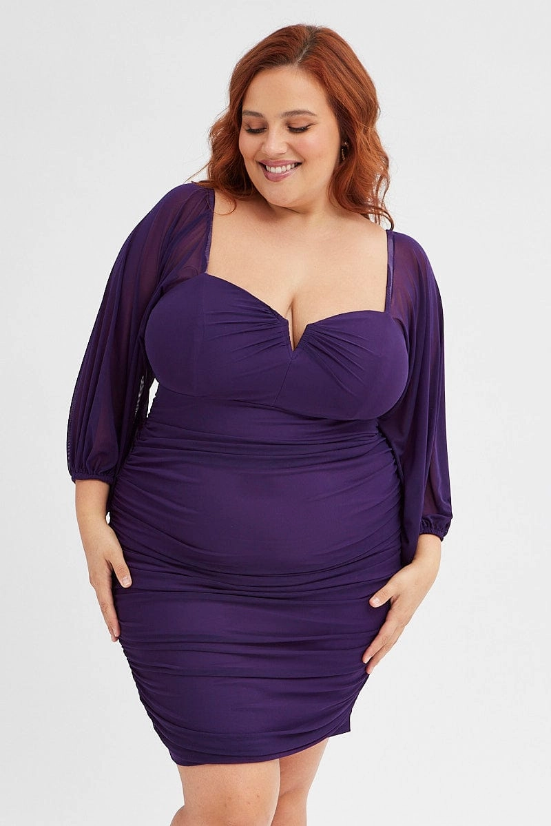 Purple Bodycon Dress Mesh Balloon Sleeve Ruched Mini Curve Friendly Smart Comfort