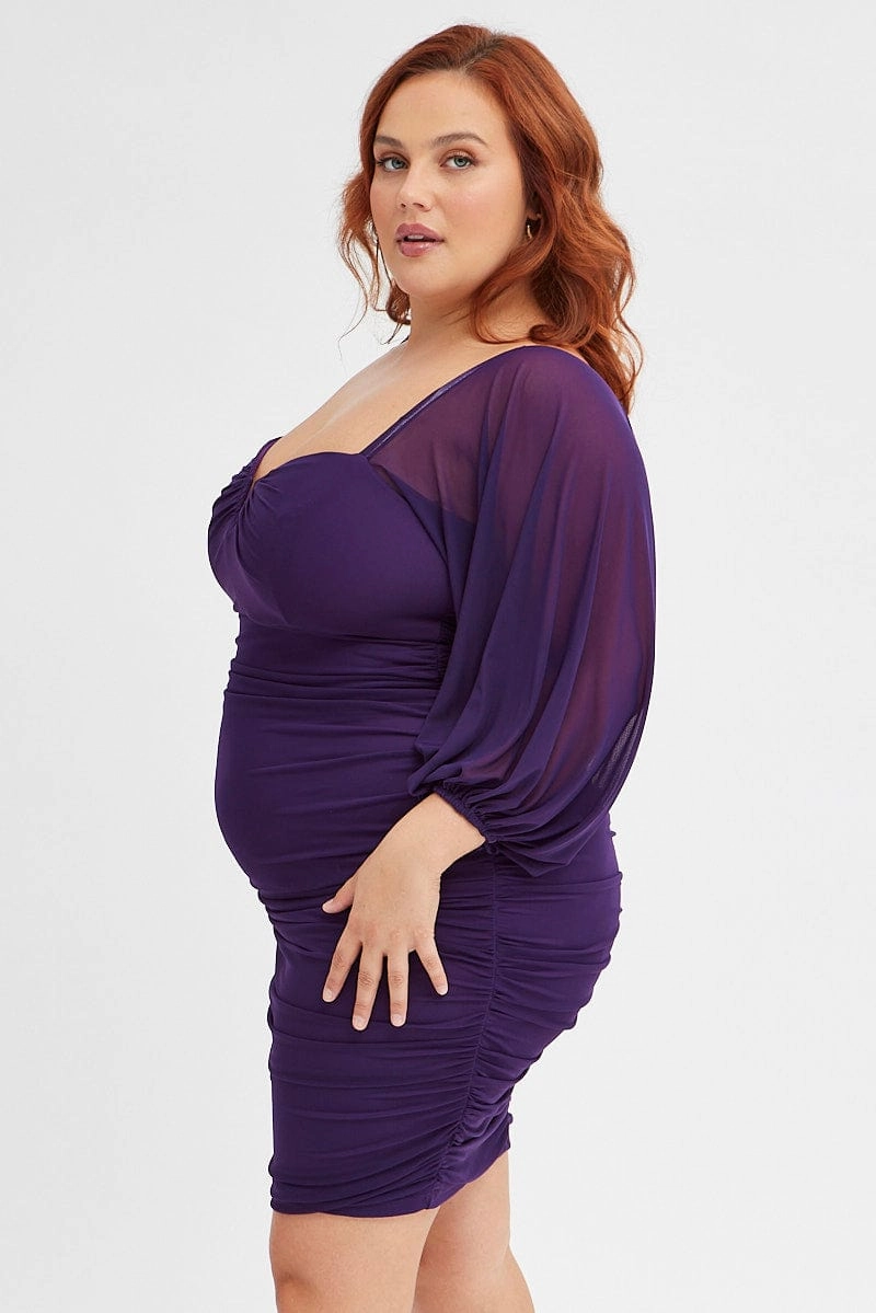 Purple Bodycon Dress Mesh Balloon Sleeve Ruched Mini NonIrritatingLining Flattering Design Wear