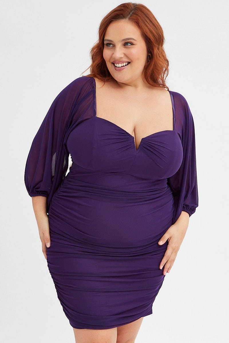 Perfect Waistband Purple Bodycon Dress Mesh Balloon Sleeve Ruched Mini
