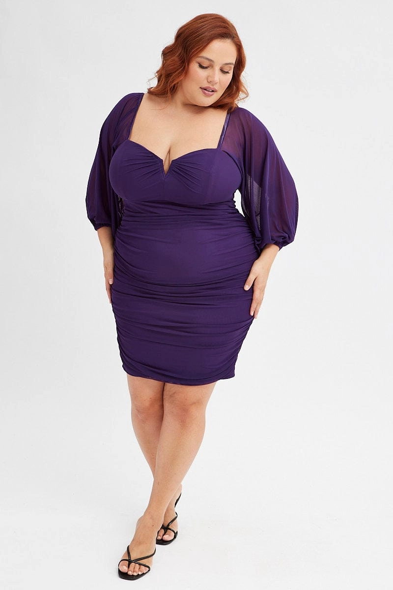 Purple Bodycon Dress Mesh Balloon Sleeve Ruched Mini Smart Piece Cool Structure