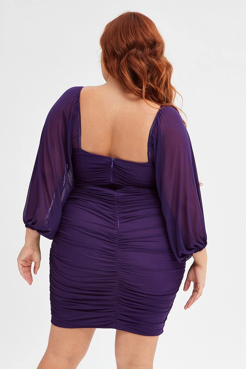 Purple Bodycon Dress Mesh Balloon Sleeve Ruched Mini Decorative-Design