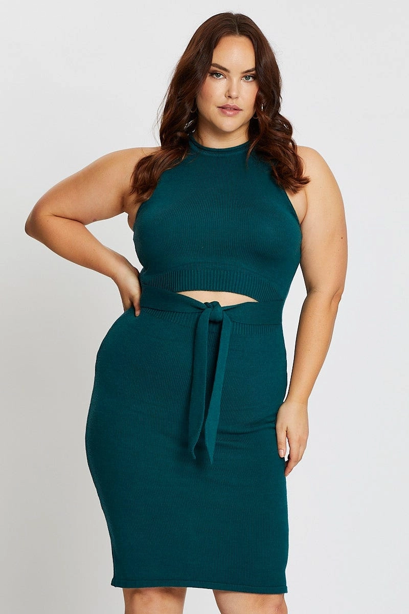 Green Sleeveless Tie Front Knitted Dress Curvy Glam Texture Soft