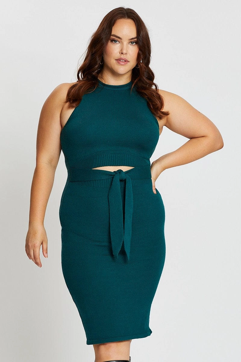 Soft Harmony Green Sleeveless Tie Front Knitted Dress