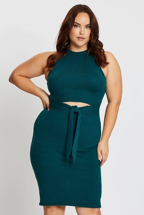 Green Sleeveless Tie Front Knitted Dress Curvy Glam Texture Soft