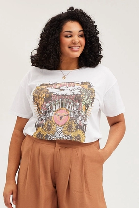 White Graphic T-shirt Festival Side Split Short Sleeve Sleek Layer SkinFriendlyFibers