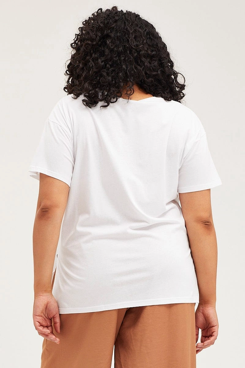 Fit For All Day Flattering Cut White Graphic T-shirt Festival Side Split Short Sleeve