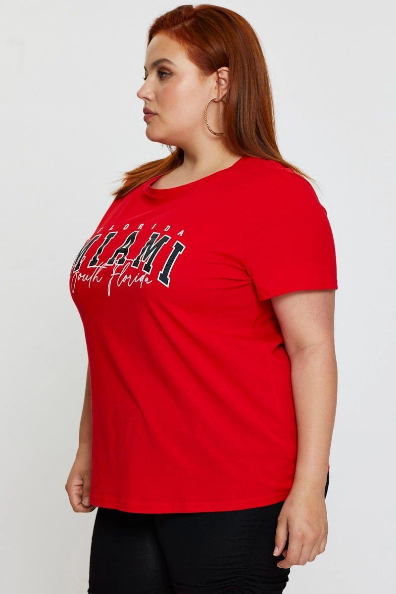 Light Comfort Style Red Graphic T-shirt Short Sleeve Cotton