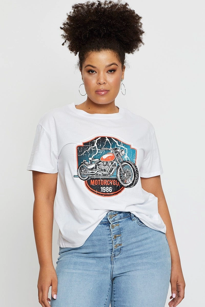 White Graphic T-shirt Motorcycle Short Sleeve Cotton Minimal Fit Easy-to-Match