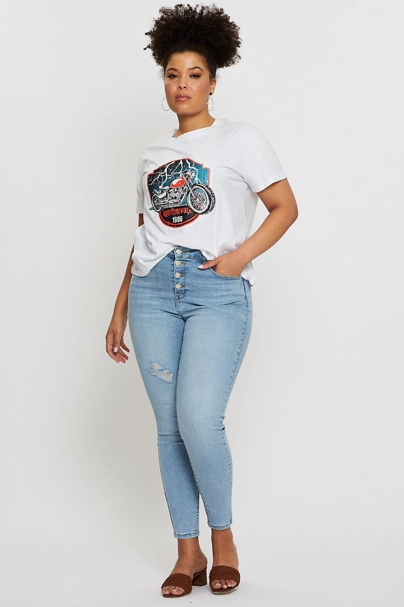 White Graphic T-shirt Motorcycle Short Sleeve Cotton Adjustable Hem Sporty Layer