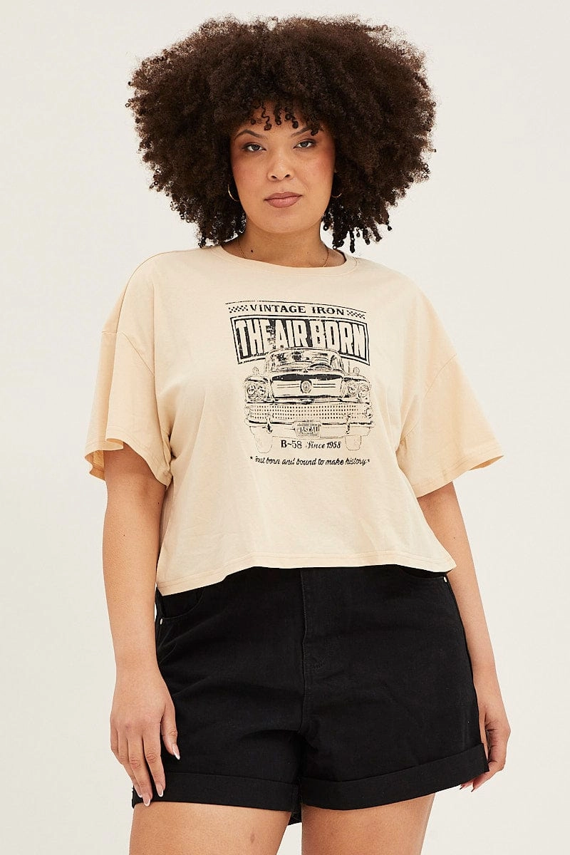 MoistureWicking Technology Beige Short Sleeve Graphic Crop T-shirt