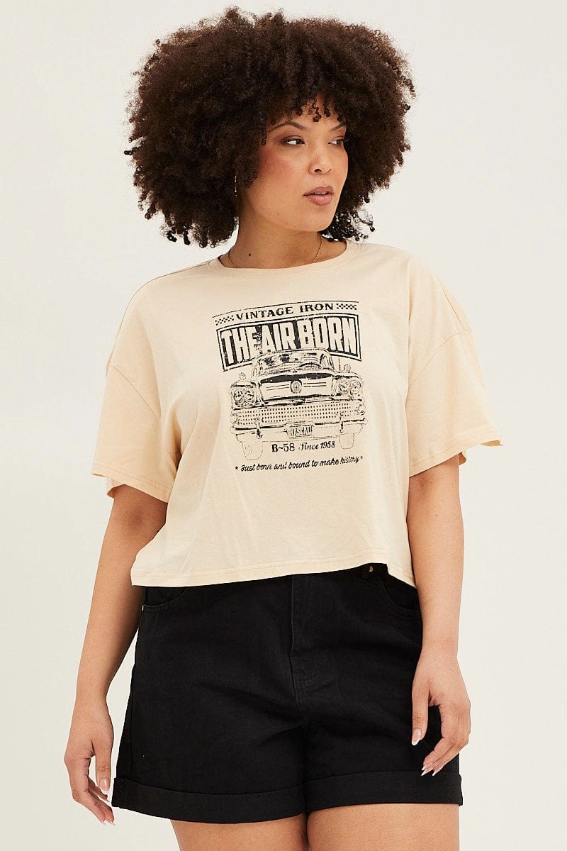 Beige Short Sleeve Graphic Crop T-shirt Comfy Look