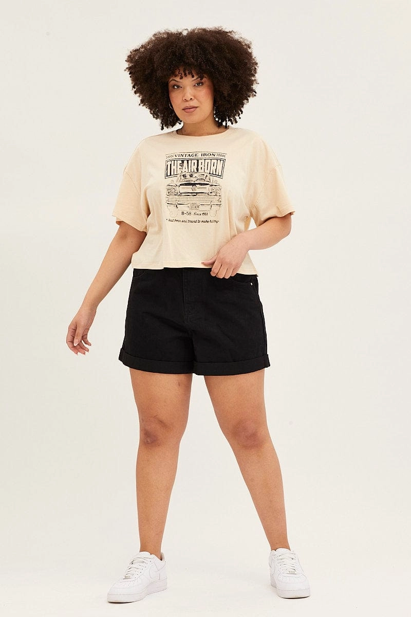 Quick Layer Perfect Style Beige Short Sleeve Graphic Crop T-shirt